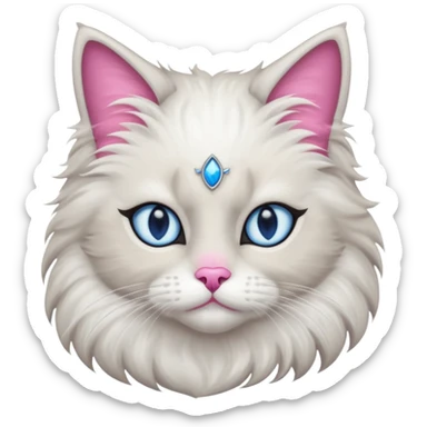 Neva masquerade cat, very fluffy, gray and white, with blue eyes and pink nose sticker
