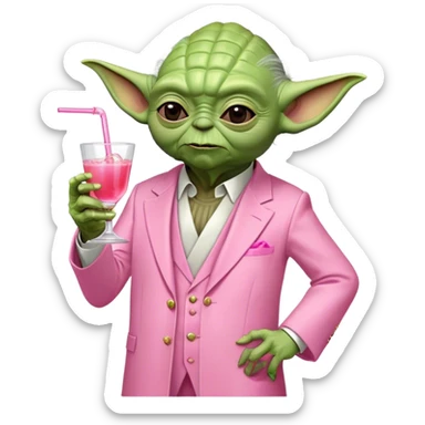 Master Yoda in all pink suit, with one hand holding a pink tequila drink sticker