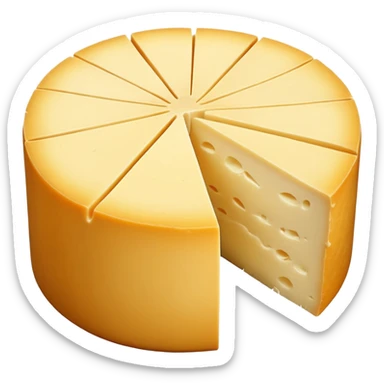 small round wheel of Coulommiers cheese with soft white bloomy rind and pale yellow creamy interior, clean slice cut showing smooth slightly gooey texture near edge, velvety rind with gentle surface wrinkles, soft lighting, subtle shadows, transparent background, emoji scale sticker