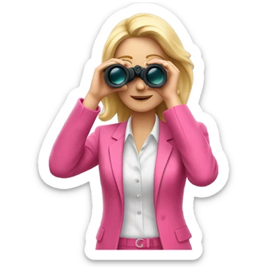 white female employee with pretty face and loose blonde hair wearing intensive color pink suit looking in binoculars sticker