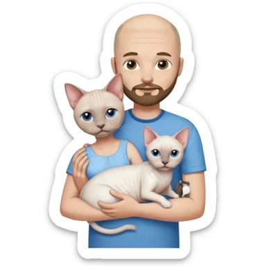 A couple a man and a woman. The man  is bald with a tiny beard and wearing a blue shirt, is holding a Siamese cat in his arms. The woman, who has light hair and is wearing a white dress, is holding a white Sphynx cat in her arms sticker