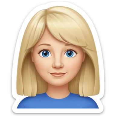 50 yr old white woman, curtain bangs, very long straight blond hair, oval face, small smile, blue eyes, slightly chubby face sticker