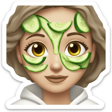 White girl with Brown hair and blue eyes wears a Green colored skincare clay textured mask and puts on cucumbers around her eyes while She relaxes in her white Robe sticker