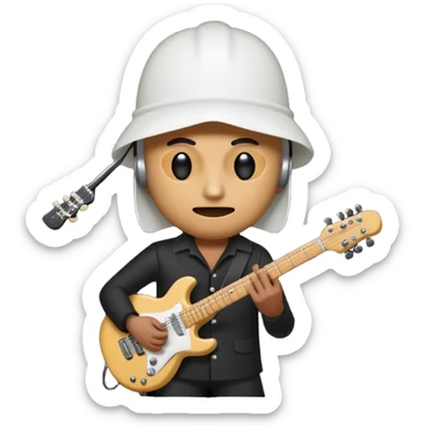 A quirky emoji-style character of a guitarist wearing a white bucket on his head, with two eye holes, a blank expression, and a small theatrical mask on the bucket. He’s holding an electric guitar, dressed in a simple black outfit, giving off a mysterious but playful rock legend vibe. sticker