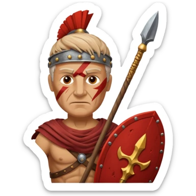 A seasoned Roman veteran with scarred armor, serious expression, gripping his spear.
 sticker