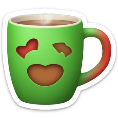 mugs with a hot drink, a beige mug. Steam rises from the mug in the shape of hearts. The color of the mug is warm red or green to convey the New Year mood sticker