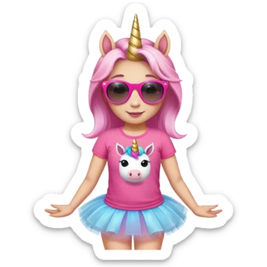 friendly anthropomorphised female unicorn in tutu and pink t-shirt, wearing dark sunglasses, relaxed pose, head and shoulders portrait sticker