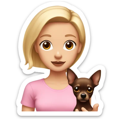 A girl with straight blonde hair with pale pink lips and brown eyes in a pink T-shirt holds a dark brown chihuahua in her hands sticker