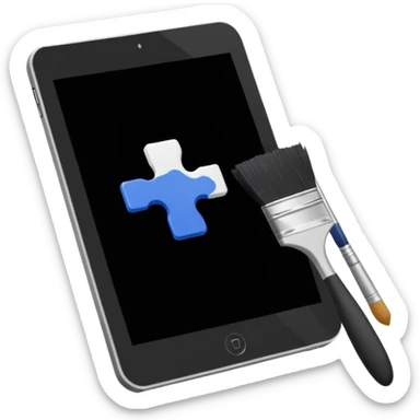 A simple graphic for digital art. A tablet dissolving into pixels with a paint brush or a pallet overlaid. No gradients. Just black on white. sticker