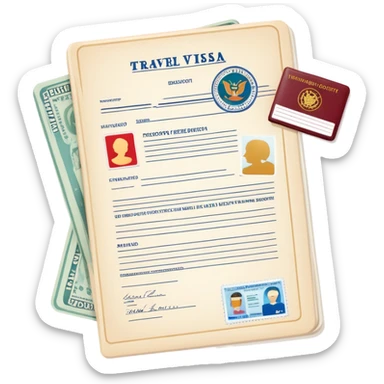 Travel visa document with stamps and passport sticker