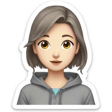 anime girl with brown hair, blue eyes grey hoodie, and a ducky hair clip sticker