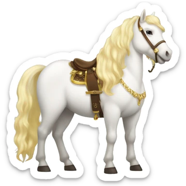 Fatty white pony with blonde hair. It needs to be a complete pony, with a gold crown and lots of jewelry. It needs to have a red and gold saddle sticker
