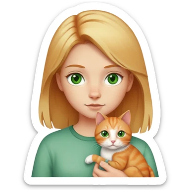 Draw a girl with medium-length blond hair, green eyes, she has a scar on one eyebrow, and she is holding a ginger cat in her hands. sticker