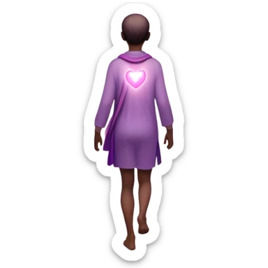 A small figure walks back across a foggy bridge, holding soft pink and purple orbs in each hand—symbolizing compassion and forgiveness. A gentle heart aura trails behind them, showing healing in motion. sticker