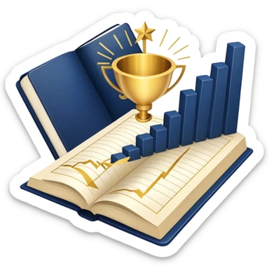 A navy blue productivity book with gold details, chart with upward trend aura, radiating productivity, strategy, and success in motion- sticker