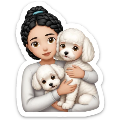 A girl with the black braids,hugging a Bichon frise sticker