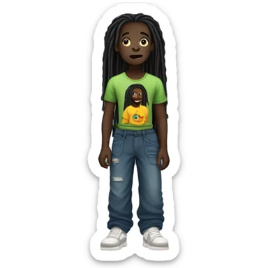 dark-skinned person with long dreads wearing a enfants de primes t-shirt and over sized pants  sticker