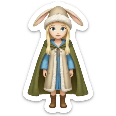 full body woman long blonde hair blue eyes white skin wearing rabbit hat and soft moss cloak sticker