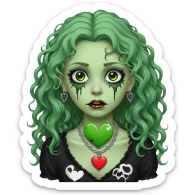 a green zombie girl with a scar on her face, long curly hair, wearing a black blouse and a silver necklace with a heart pendant downcast eyes and eyeliner sticker