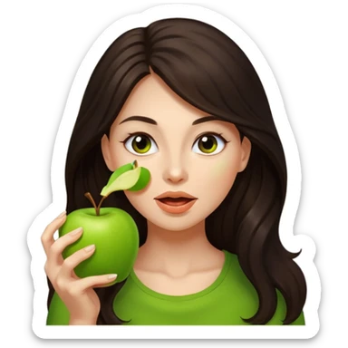 Mujer de pelo cafe oscuro y largo, y tez blanca comiendo sticker