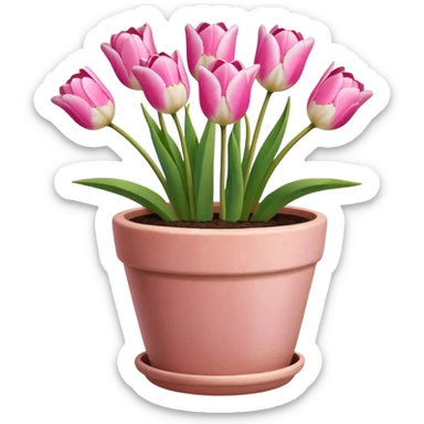 pink tulips in a plant pot in terra cota with white and pink flowers hand painted on the pot  sticker