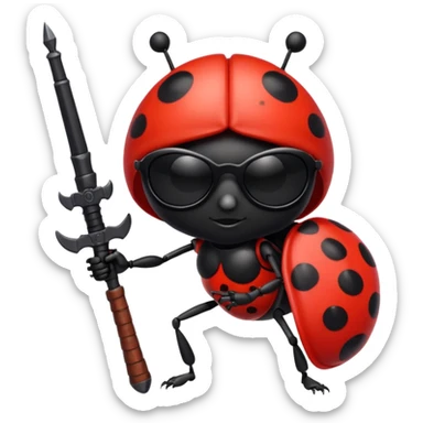 an evil ladybug with dark sunglasses and a weapon sticker