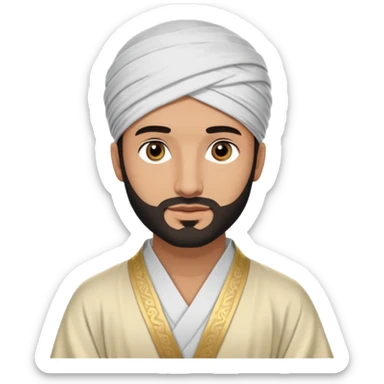 
-Apariencia: Joven de unos 25-30 años, atractivo,.
-Rostro: Ojos oscuros, piel ligeramente morena, rasgos árabes finos.
-Cabello: Negro, algo rizado o suelto, con barba fina.
-cuerpo entero Cuando se revela su identidad, puede llevar una túnica más oriental, con faja y turbante sencillo. sticker