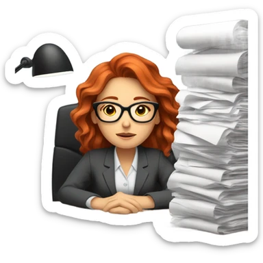 red hair woman nutritionist wearing glasses taking a nap desk monitor stack paper sticker