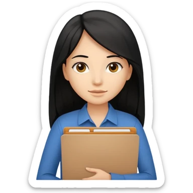 a light tan woman with long black hair past mid-back, round brown eyes and manila folder in her hands sticker