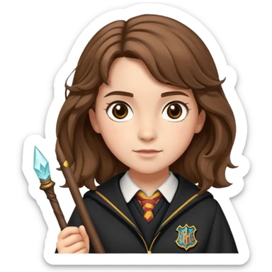 Hermione Granger with bushy brown hair, wand, and Hogwarts uniform sticker