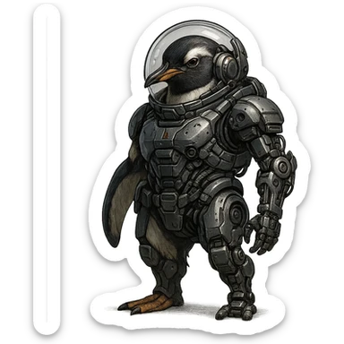 a penguin as a space soldier and cyborg, half organic, half robot, with a space helmet and cybernetic limbs sticker