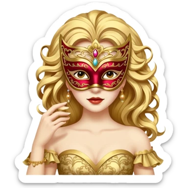 A woman in an ornate gold masquerade mask and elegant outfit, holding the mask delicately. sticker
