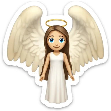 Caucasian brunette angel with long straight hair, dimples, big blue eyes, golden hoop halo over head and two wings on back sticker