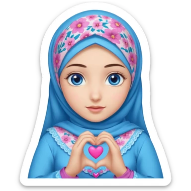 Turkish beautiful finish Konya girl blue eyes with mini floral hijab and lila blue pink dress and she make heart with hands sticker