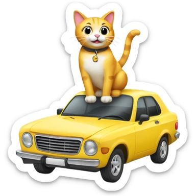 A cartoon emoji-style car with a cat sitting on the open hood, holding a wrench and smiling sticker