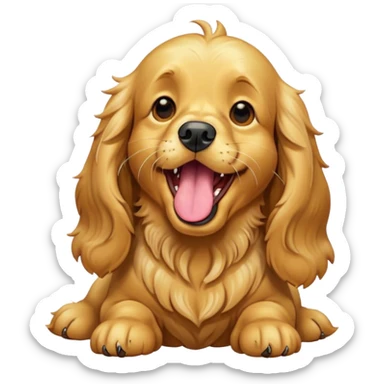 Cinematic Cute Yawning Gold Cocker Spaniel Portrait Emoji, Head tilted slightly with a dramatic, wide-open yawn, displaying a soft, shimmering golden coat and floppy ears, round brown eyes barely open in drowsy contentment, Simplified yet irresistibly adorable features, highly detailed, glowing with a soft, cozy glow, high shine, relaxed yet expressive, stylized with a touch of whimsy, bright and endearing, soft glowing outline, capturing the essence of a sleepy yet affectionate companion, so drowsy it feels like it could stretch out of the screen and curl up for a nap! sticker