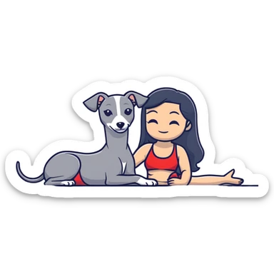 Slim Chinese woman with long black hair in appropriate pool attire relaxing by a swimming pool with her Italian greyhound that is COMPLETELY solid grey, with absolutely NO white markings anywhere, single uniform grey color throughout entire dog body sticker