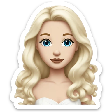 White bride with long light blonde hair and blue eyes with light pink peonies in hair white skin light pink lips sticker