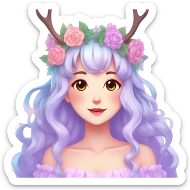 Gorgeous Shiny Colorful Pastel Anime Style Mature Lady with blushing face and pretty hair with a flower crown and antlers pastelcore kawaii cottagecore fairycore aesthetic trending style sticker