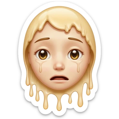 softly smiling crying face that appears to be melting downward, large glossy drip like emoji, combined with the smooth dissolving lower half similar to the melting face. ‘I’m okay :) but absolutely not okay’ sticker