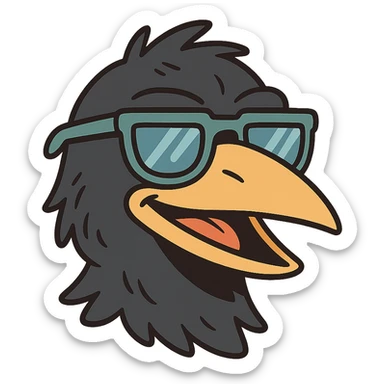 head of a black bird with cool sunglasses, cartoonish style, vibrant and playful flat toon illustration sticker