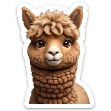 Cinematic Cute Brown Alpaca Portrait Emoji, Head tilted playfully and inquisitively, featuring a plush, rich brown fleece with a natural sheen, round, sparkling warm eyes filled with curiosity, Simplified yet irresistibly adorable features, highly detailed, glowing with a warm, friendly glow, high shine, affectionate and gentle, stylized with a touch of whimsy, bright and endearing, soft glowing outline, capturing the essence of a mischievous yet loving alpaca, so playful it feels like it could prance out of the screen and into your arms! sticker