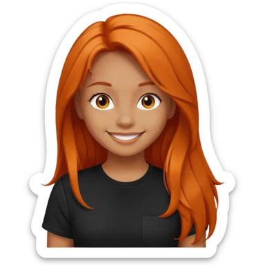 smiling girl with long dark orange hair and black t-shirt sticker