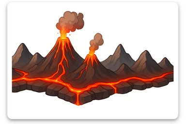 A stylized illustrated volcanic arc strip: a long chain of mountains with several erupting and dormant volcanoes, connected by glowing lava seams like a crack. The lava is vivid red-orange, slightly molten and glossy. The ridge feels like a map overlay symbol for plate boundaries and active volcanism. Clean cartoon-realistic style, smooth shading, sharp silhouette. No text, no labels. Pure white background (#FFFFFF). Wide banner composition, high resolution, 4K. sticker