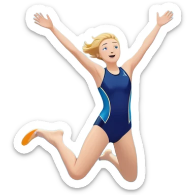 A young, inexperienced person stands at the edge of a pool named “Confidence,” mid-jump, arms open wide. Below, skilled divers are already in motion—but this person dives in with bold energy, unshaken by their lack of experience. The water sparkles,  sticker