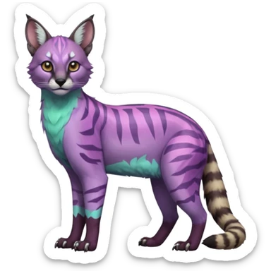 Realistic Colorful pale minty lilac onyx fruity glorious exotic neon vibrant zigzagged fantasy-caracal-civet-genet-sergal-vernid-Gryphon-Cacomistle-Trico-oncilla-animal-Fakémon-hybrid-fursona (full body), facial markings, (realism style) sticker