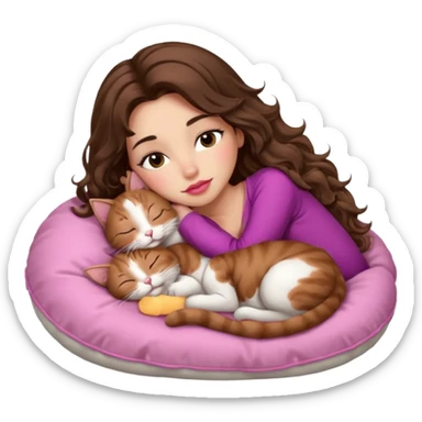 girl with long wavy brown hair, brown eyes, long lashes makeup, sexy pink lips, light to medium complexion,  sleeping on a cozy pillow, with 6 cats, sleeping sticker