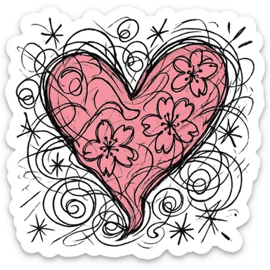 pink heart with sakura flowers, chaotic doodle style sticker