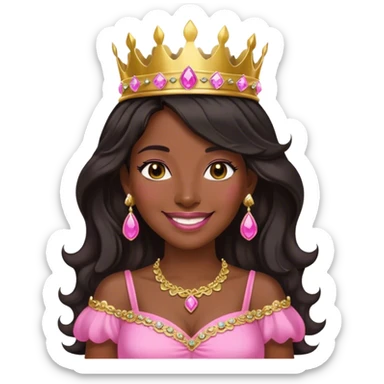 Crown dark black women smiling with really longer lightly WAVY hair pink dress pink crown facing forward black hair middle age adult woman gold gems in crown gold earrings  one woman smiling wink sticker