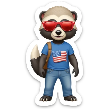 friendly anthropomorphised honey badger in jeans and a t-shirt, wearing sunglasses, dressed for USA Independence Day with red, white, and blue clothing sticker